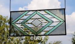 Handmade Olive & Seafoam Green Beveled Stained Glass Hanging Panel