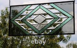 Handmade Olive & Seafoam Green Beveled Stained Glass Hanging Panel