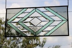 Handmade Olive & Seafoam Green Beveled Stained Glass Hanging Panel