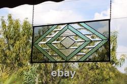 Handmade Olive & Seafoam Green Beveled Stained Glass Hanging Panel