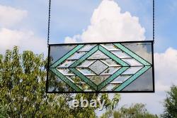 Handmade Olive & Seafoam Green Beveled Stained Glass Hanging Panel