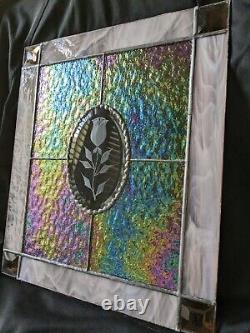 Handmade Stained Glass Art Panel Window Panel Iridescent & Frosted Rose 15x13