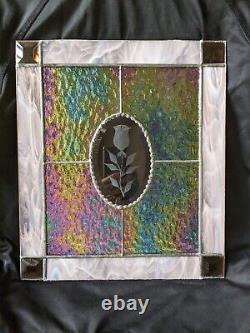 Handmade Stained Glass Art Panel Window Panel Iridescent & Frosted Rose 15x13