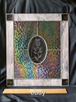 Handmade Stained Glass Art Panel Window Panel Iridescent & Frosted Rose 15x13