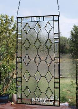 Handmade Stained Glass Panel. Modern Geometric Window Hanging. Clear Home Decor