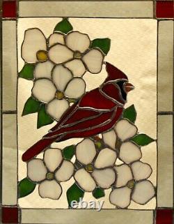 Handmade Stained Glass Panel of a Northern Cardinal perching in a Dogwood branch