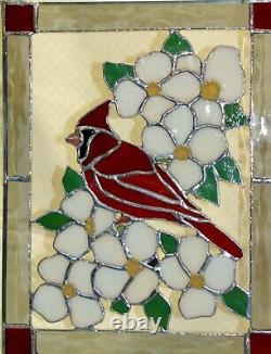 Handmade Stained Glass Panel of a Northern Cardinal perching in a Dogwood branch