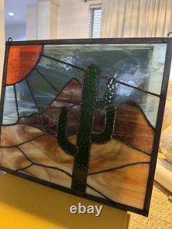 Handmade Stained Glass Suncatcher Desert Cactus Nature Panel Multicolor 36cm