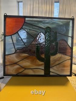 Handmade Stained Glass Suncatcher Desert Cactus Nature Panel Multicolor 36cm