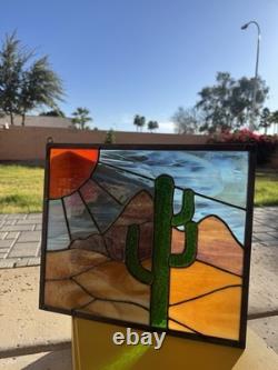 Handmade Stained Glass Suncatcher Desert Cactus Nature Panel Multicolor 36cm