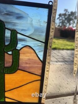 Handmade Stained Glass Suncatcher Desert Cactus Nature Panel Multicolor 36cm