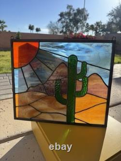 Handmade Stained Glass Suncatcher Desert Cactus Nature Panel Multicolor 36cm