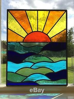 Handmade Stained Glass Window Door Panel Sun Set Sea Commissioned Windows