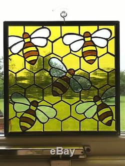Handmade Stained Glass Window Panel, Honey Bee On Comb, Yellow, Brown, Glass