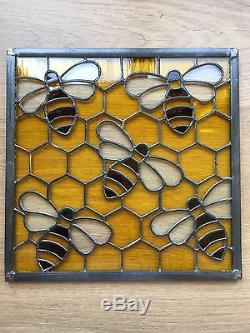 Handmade Stained Glass Window Panel, Honey Bee On Comb, Yellow, Brown, Glass