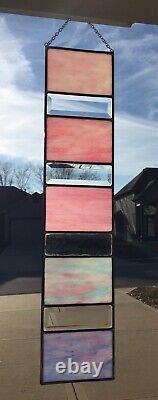 Handmade USA Beveled Stained Glass Window Panel 6X28 Purple Pink Ombre Hangs