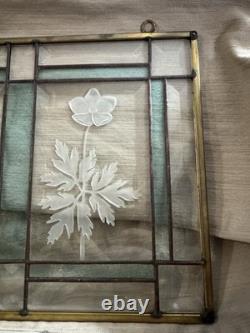 Hanging Leaded Teal Stained Glass Window Panel Beveled Mission Style 13.5 X9