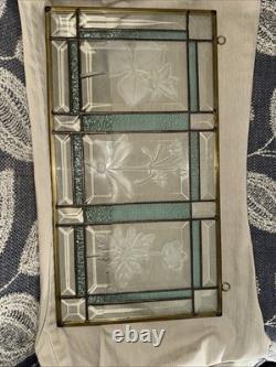 Hanging Leaded Teal Stained Glass Window Panel Beveled Mission Style 13.5 X9