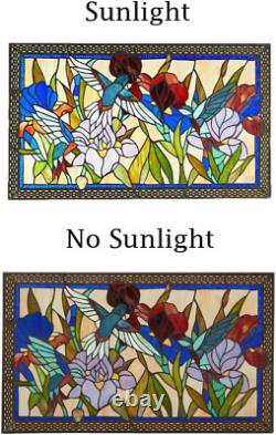 Humming and Flowers Stained Glass 28 X 17 Window Panel, 100% Genuine Stained G