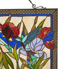 Humming and Flowers Stained Glass 28 X 17 Window Panel, 100% Genuine Stained G