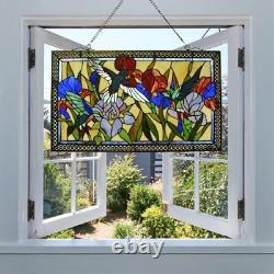 Humming and Flowers Stained Glass Window Panel, 100% Genuine Stained 28 x 17