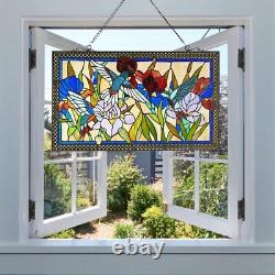 Humming and Flowers Stained Glass Window Panel, 100% Genuine Stained 28 x 17