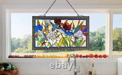 Humming and Flowers Stained Glass Window Panel, 100% Genuine Stained 28 x 17