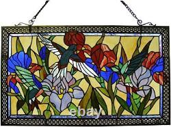 Humming and Flowers Stained Glass Window Panel, 100% Genuine Stained 28 x 17