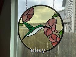 Hummingbird And Hibiscus- Glass Window Panel Hanging- 16 5/8 Diameter