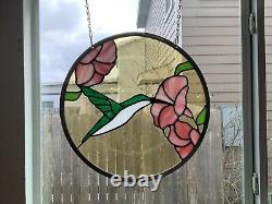 Hummingbird And Hibiscus- Glass Window Panel Hanging- 16 5/8 Diameter