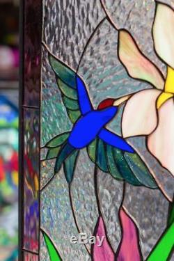 Hummingbird & Lillies Flowers Tiffany Stained Glass Window RV Window Panel 21x12