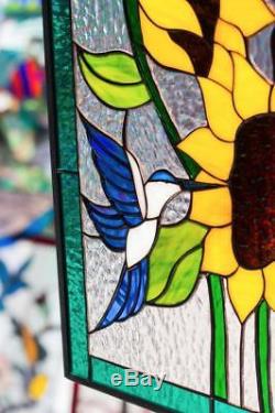 Hummingbird & Sun Flowers Tiffany Stained Glass Window RV Window Panel 21x12