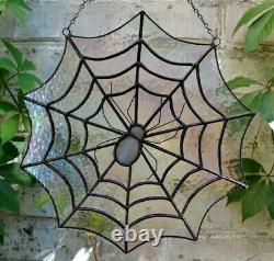 Iridescent Stained Glass Spiderweb Window Panel Suncatcher with a Spider