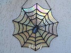 Iridescent Stained Glass Spiderweb Window Panel Suncatcher with a Spider