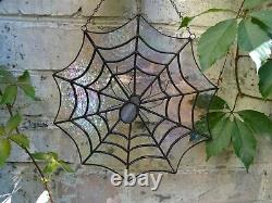 Iridescent Stained Glass Spiderweb Window Panel Suncatcher with a Spider