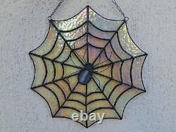 Iridescent Stained Glass Spiderweb Window Panel Suncatcher with a Spider