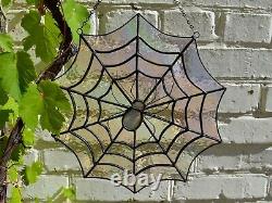 Iridescent Stained Glass Spiderweb Window Panel Suncatcher with a Spider