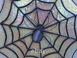 Iridescent Stained Glass Spiderweb Window Panel Suncatcher with a Spider