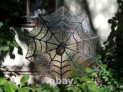 Iridescent Stained Glass Spiderweb Window Panel Suncatcher with a Spider