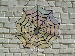 Iridescent Stained Glass Spiderweb Window Panel Suncatcher with a Spider