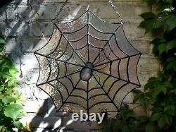 Iridescent Stained Glass Spiderweb Window Panel Suncatcher with a Spider