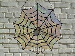 Iridescent Stained Glass Spiderweb Window Panel Suncatcher with a Spider