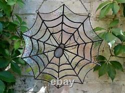 Iridescent Stained Glass Spiderweb Window Panel Suncatcher with a Spider