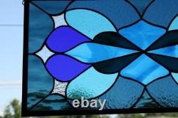 Iridized Stained Glass Panel. Modern Blue Stars Design. Beveled Window Hanging