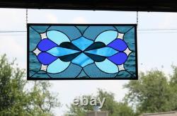 Iridized Stained Glass Panel. Modern Blue Stars Design. Beveled Window Hanging
