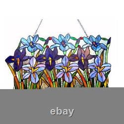Iris Floral Tiffany Style Stained Glass Hanging Window Panel Suncatcher 15x24in