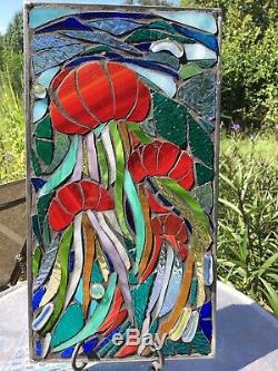 Jellyfish Mosaic Stained Glass Window Suncatcher Ocean Panel OOAK