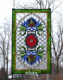 Jeweled Tiffany Style stained glass panel window panel, 20 x 34 HF142