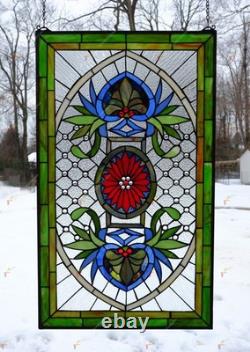 Jeweled Tiffany Style stained glass panel window panel, 20 x 34 HF142