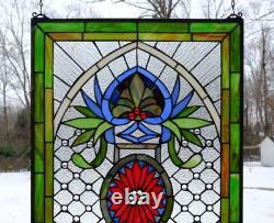 Jeweled Tiffany Style stained glass panel window panel, 20 x 34 HF142